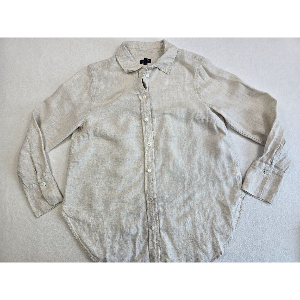 Talbots Petite Womens 100% Linen Button-Down Shirt Beige MP Medium